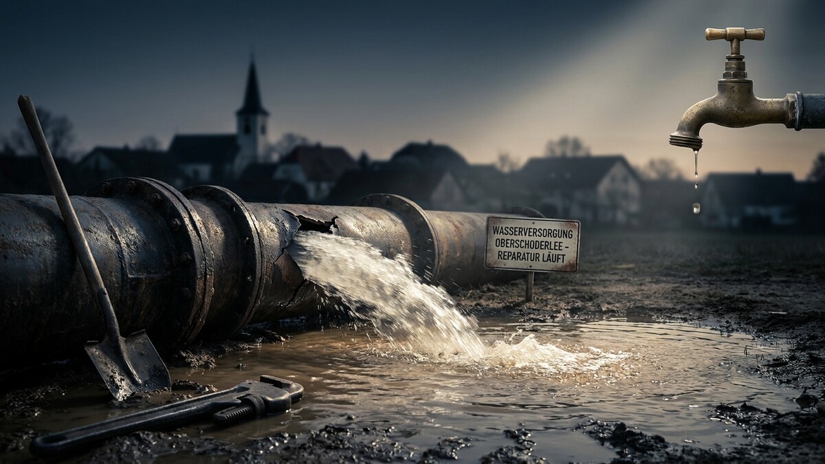 Wasserrohrbruch bei Oberschoderlee: Wasser tritt aus beschädigtem Rohr aus, Schild "Reparatur läuft"