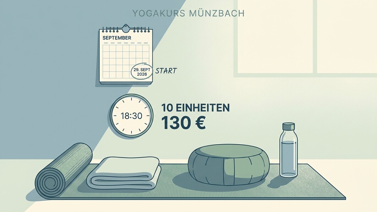 Yogakurs Münzbach: Kalender zeigt 29. Sept. 2026, Uhr 18:30, 10 Einheiten 130€