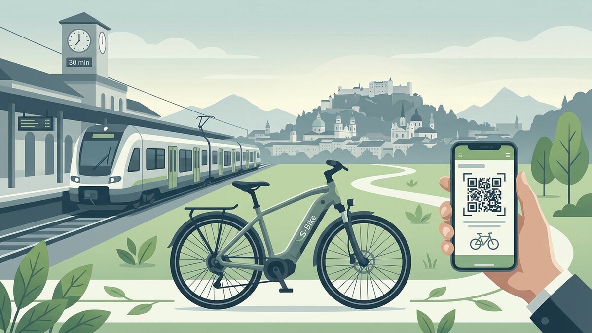 E-Bike mit QR-Code am Handy vor Zug und Festung Hohensalzburg in Salzburg