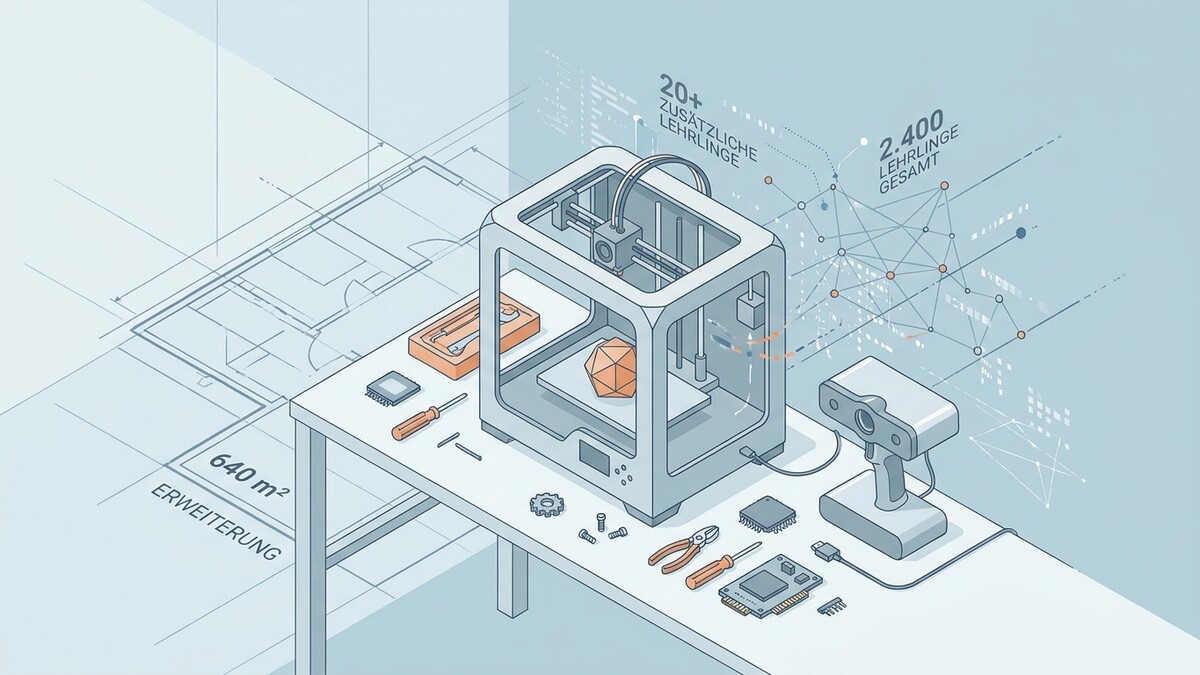 3D-Drucker mit Werkzeugen und Bauteilen auf einem Tisch, daneben Baupläne