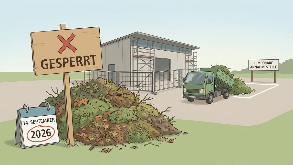 Gesperrt-Schild, Kalender mit 14. September 2026, Lkw lädt Grünschnitt ab