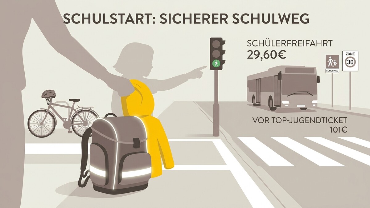 Schulweg: Kind mit Rucksack und gelbem Mantel zeigt auf Ampel, Fahrrad und Bus