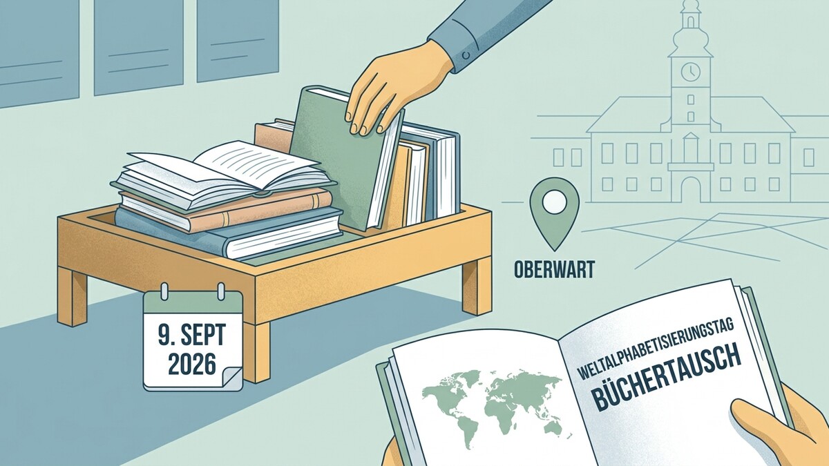 Weltalphabetisierungstag Büchertausch in Oberwart am 9. Sept. 2026 mit Gebäude und Karten