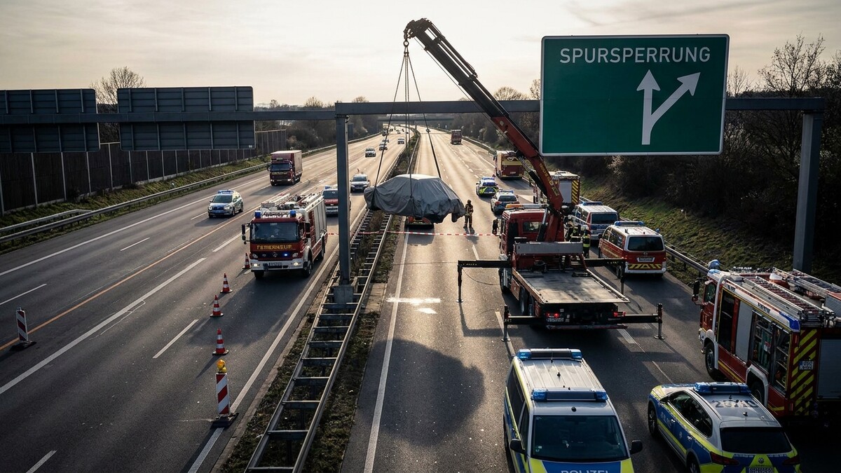 Autokran hebt verhülltes Fahrzeug von Autobahn, Einsatz von Feuerwehr und Polizei