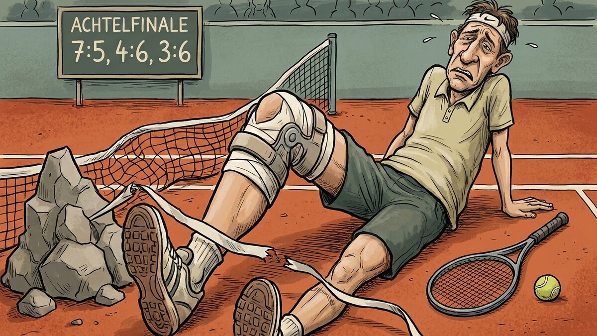 Tennisspieler mit Bandagen am Bein liegt erschöpft am Platz neben Netz und Schläger.