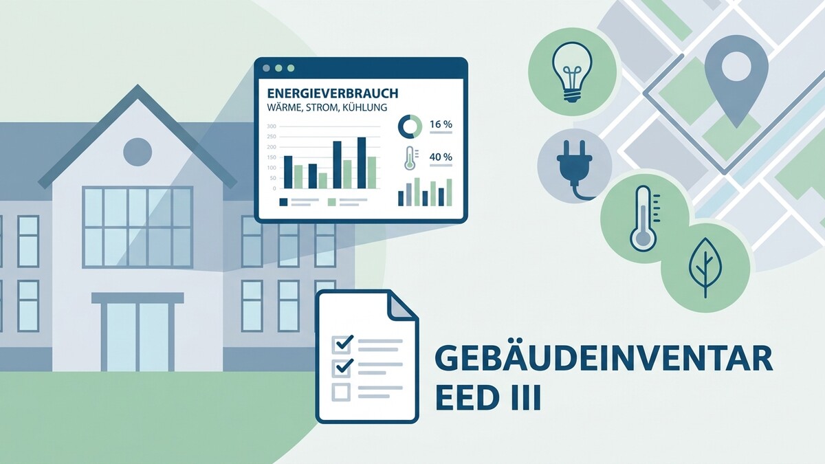Gebäudeinventar EED III: Haus, Energieverbrauch-Diagramm, Icons für Strom, Wärme, Ort