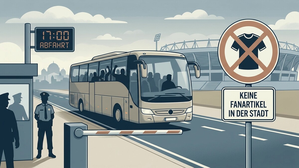 Fanartikel-Verbotsschild vor Stadion mit abfahrendem Fanbus und Polizisten