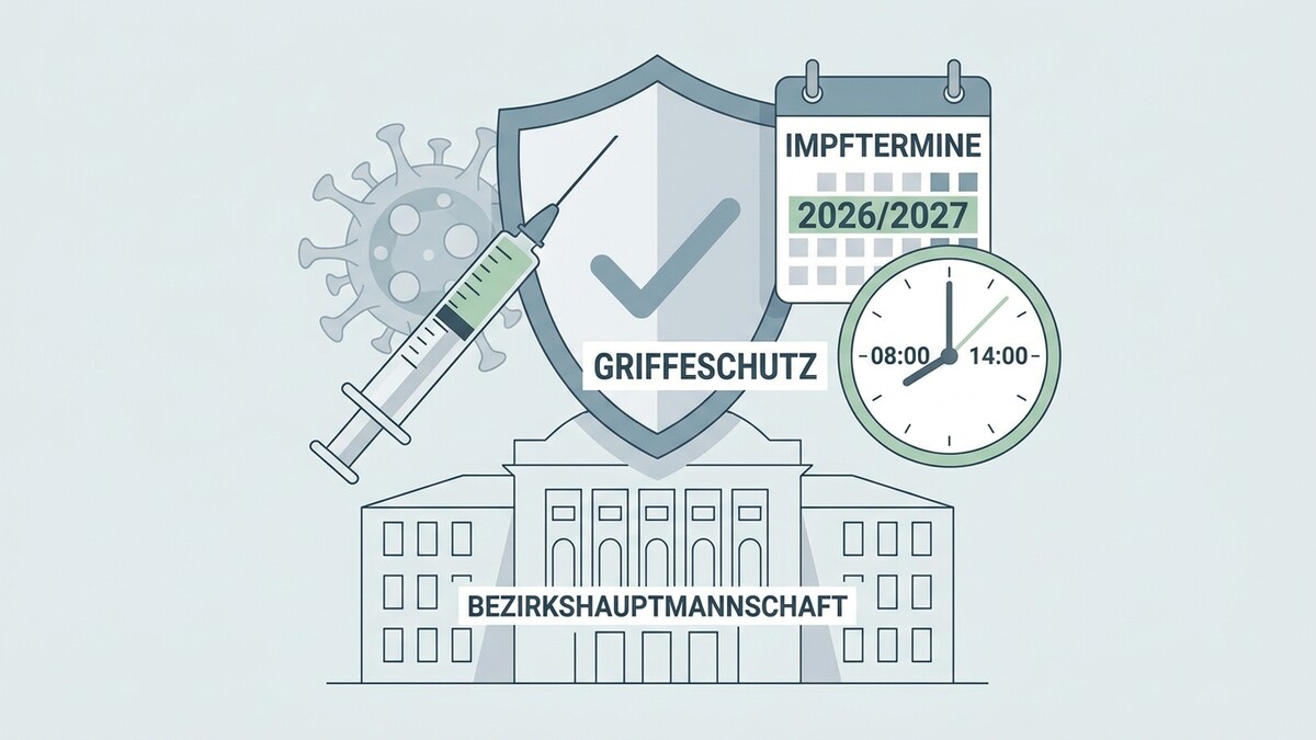Impfungen für die Bezirkshauptmannschaft: Spritze, Schild, Kalender 2026/2027 und Uhr