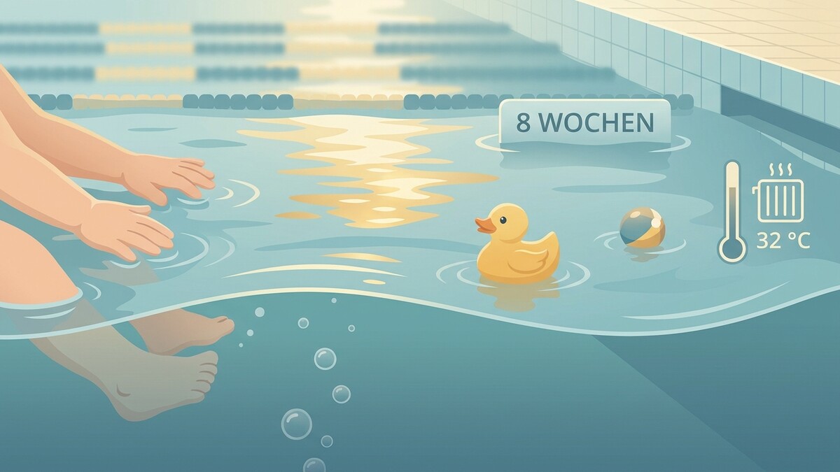 Schwimmbad mit gelbem Quietscheentchen, Ball, Thermometer und Hinweisschild "8 Wochen"