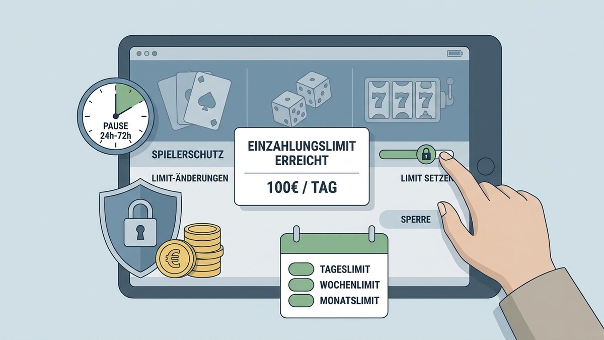 Einzahlungslimit erreicht: 100€ pro Tag, Limit setzen, Sperre, Spielerschutz, Limit-Änderungen, Pause 24-72h