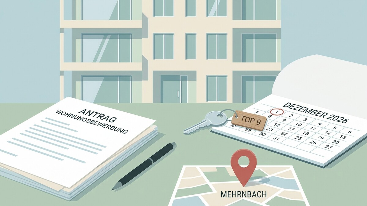Wohnungsbewerbung mit Schlüssel, Kalender und Karte von Mehrnbach vor einem Wohnhaus