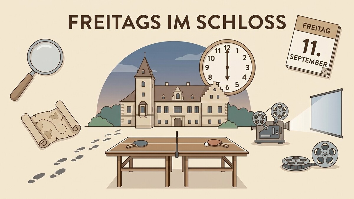 Schloss mit Tischtennistisch, Lupe, Schatzkarte, Fußspuren, Uhr, Kalender, Filmprojektor und Leinwand