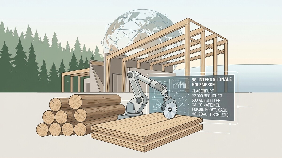 Internationale Holzmesse Klagenfurt mit Roboter, Holzstämmen und Baugerüst
