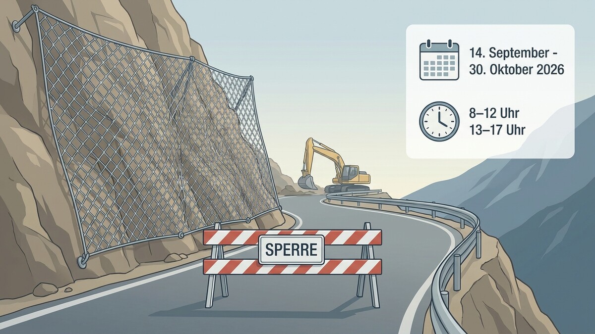 Straßensperre mit Bagger und Felsnetz an Bergstraße, 14. September bis 30. Oktober 2026