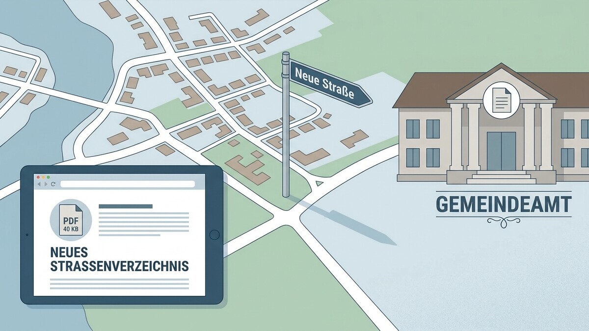 Gemeindeamt mit Straßenschild "Neue Straße" und Tablet mit "Neues Straßenverzeichnis"