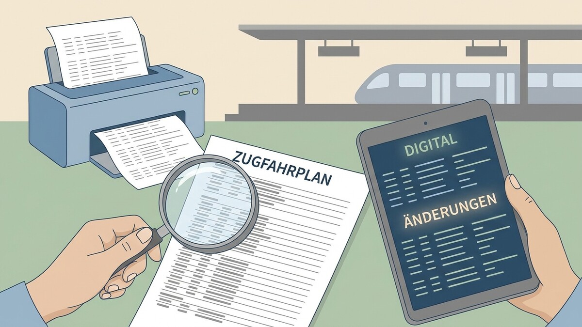 Zugfahrplan-Änderungen auf Tablet und Papier mit Lupe vor einem Zug