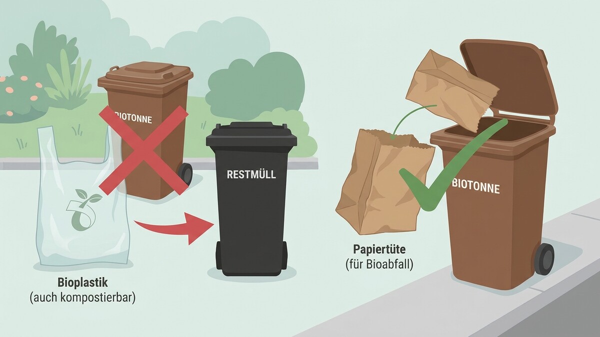 Bioplastik gehört nicht in die Biotonne, Papiertüten für Bioabfall sind erlaubt.