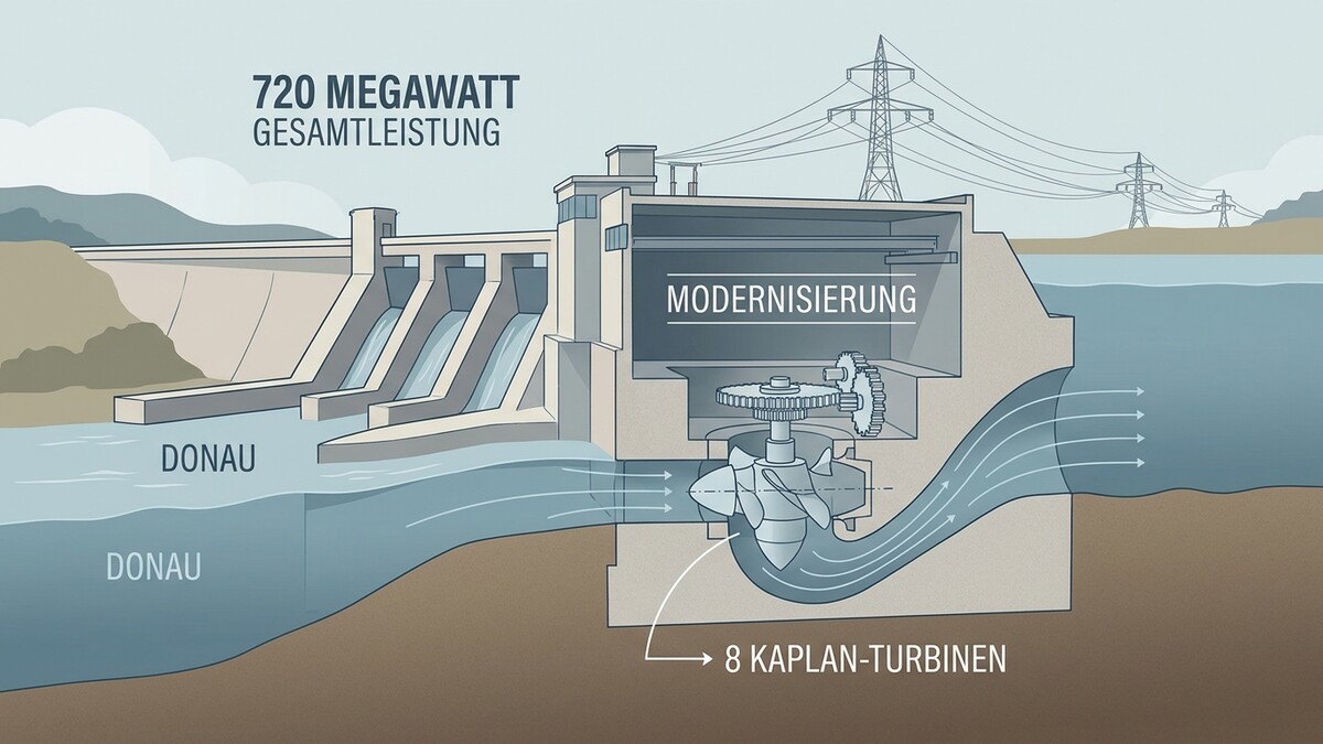 Donaukraftwerk: 720 MW Gesamtleistung, 8 Kaplan-Turbinen und Modernisierung.