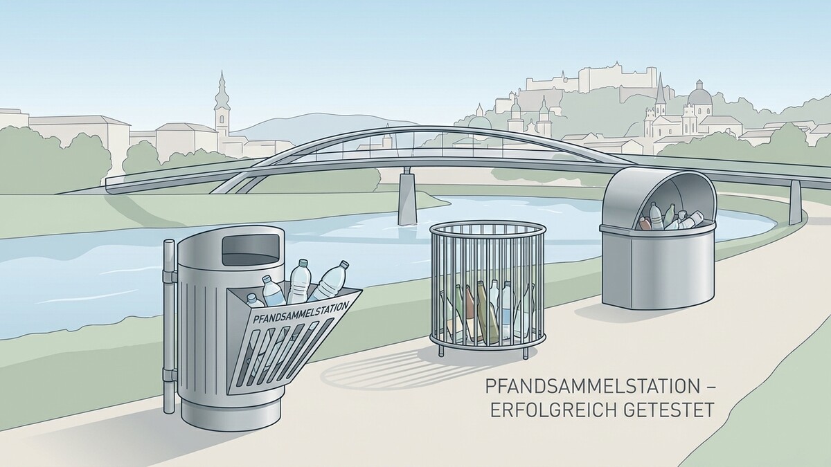 Pfandsammelstationen mit Flaschen und Behältern in Salzburg mit Festung Hohensalzburg im Hintergrund.
