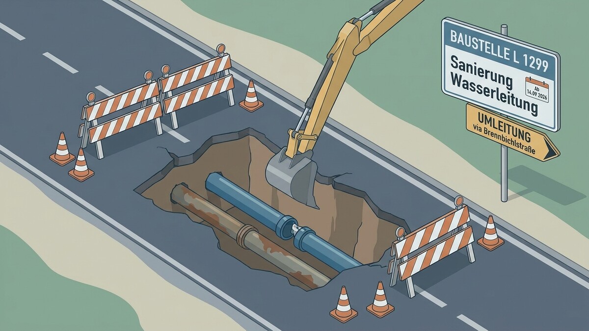 Baustelle L 1299: Sanierung Wasserleitung mit Bagger und Umleitung via Brennbichlstraße