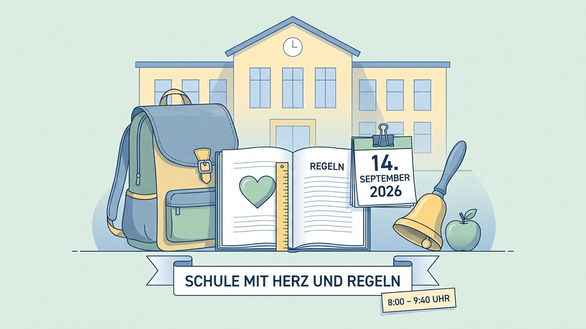 Schulstart am 14. September 2026 mit Rucksack, Buch, Lineal, Glocke und Apfel