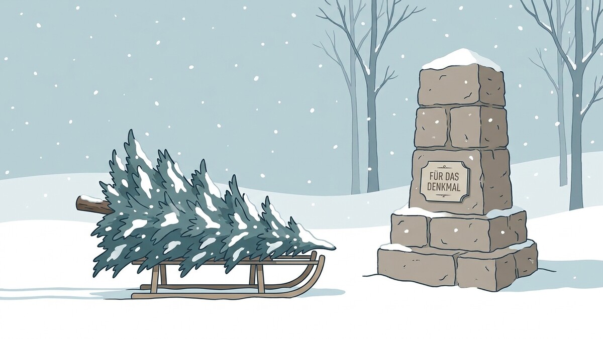 Denkmal mit Spruch "Für das Denkmal" und Christbaum auf Schlitten im Schnee