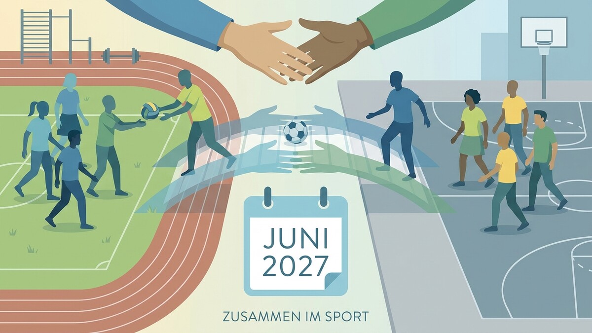 Sportliche Menschen auf Sportplätzen und Laufbahn, Kalenderblatt Juni 2027, Händeschütteln