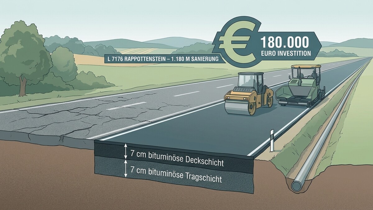Straßensanierung L 7176 Rappottenstein: 180.000 Euro Investition, neue bituminöse Schichten