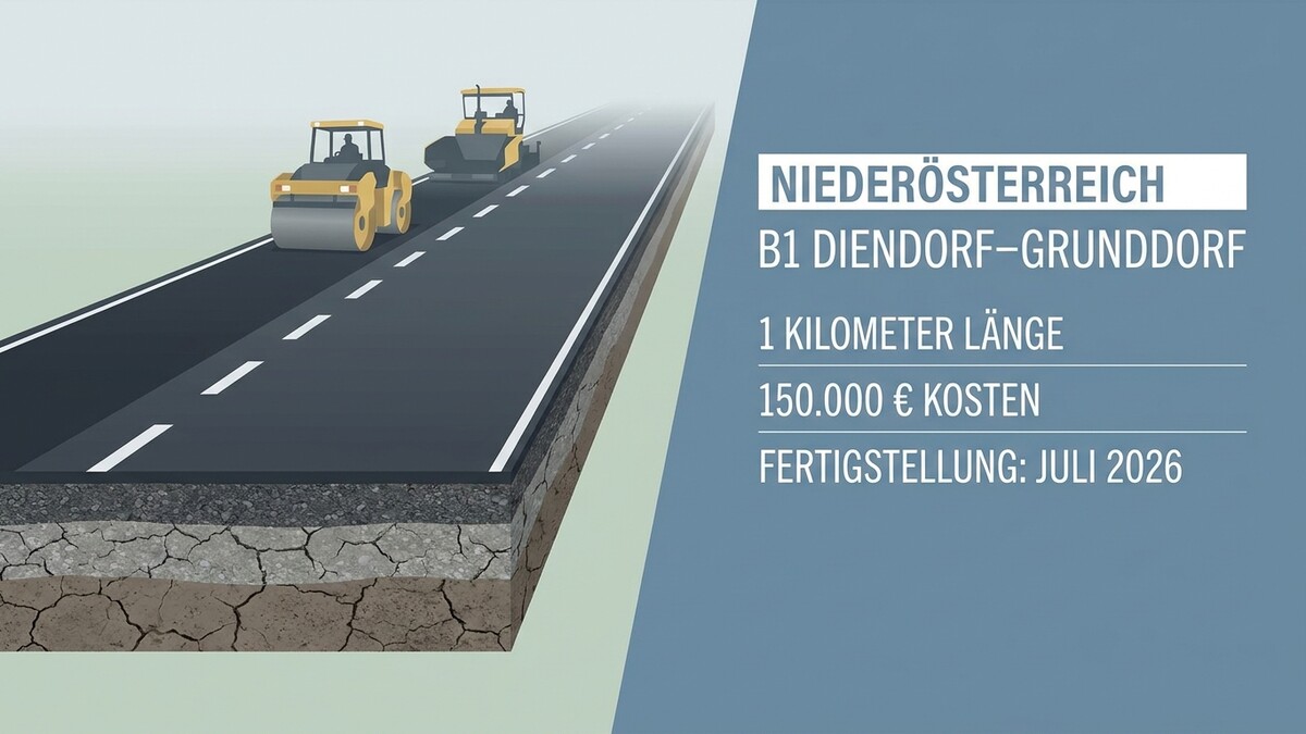 Straßenbau B1 Diendorf-Grundsdorf: 1 km Länge, 150.000 € Kosten, Fertigstellung Juli 2026