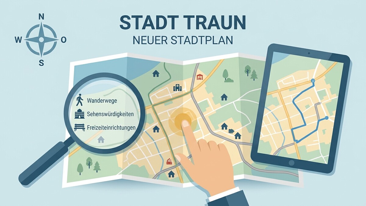 Stadtplan Traun: Lupe zeigt Wanderwege, Sehenswürdigkeiten, Freizeiteinrichtungen, Tablet mit Route