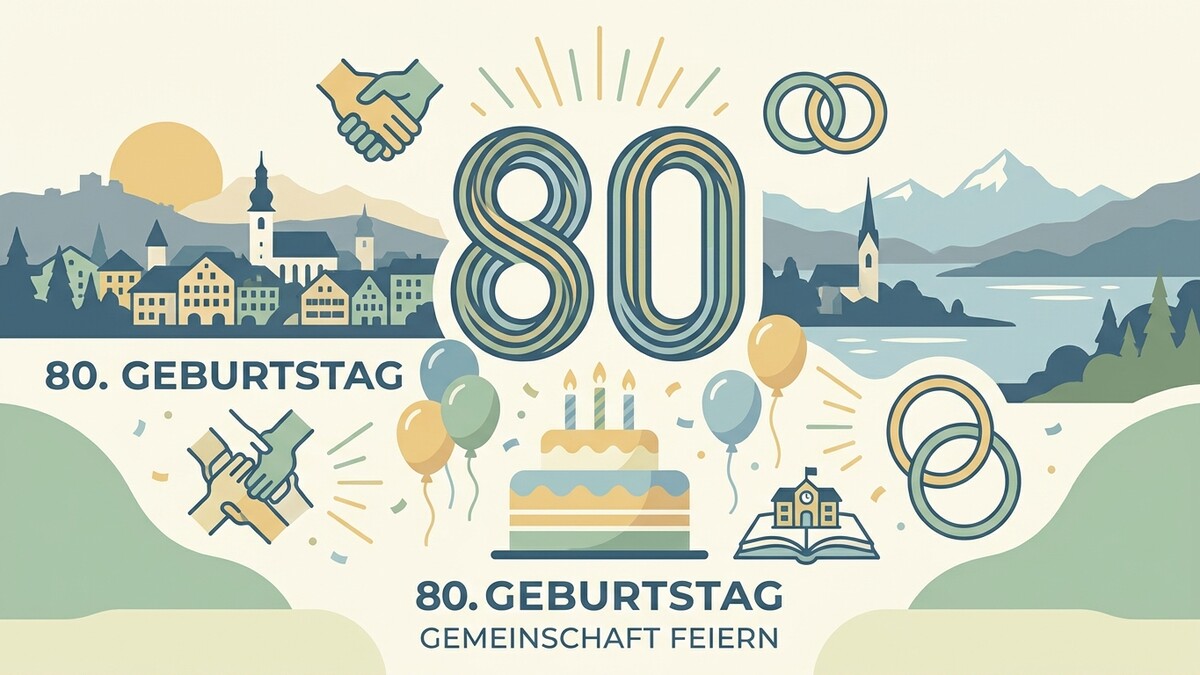 80. Geburtstag: Festlicher Anlass mit Torte, Ballons, Alpenpanorama und Häusern
