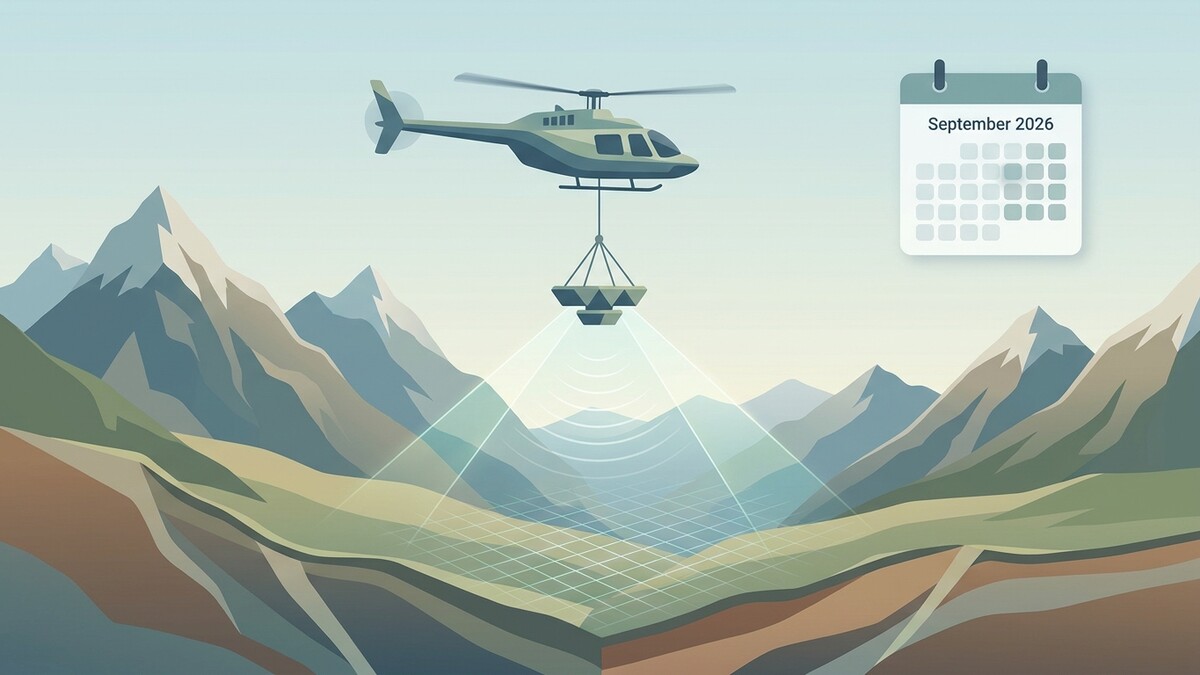 Hubschrauber über Berglandschaft mit Messgerät und Kalender September 2026