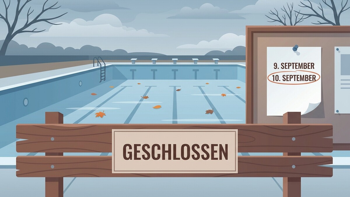 Schwimmbad geschlossen, Herbstlaub im leeren Becken, Anschlagtafel mit Daten