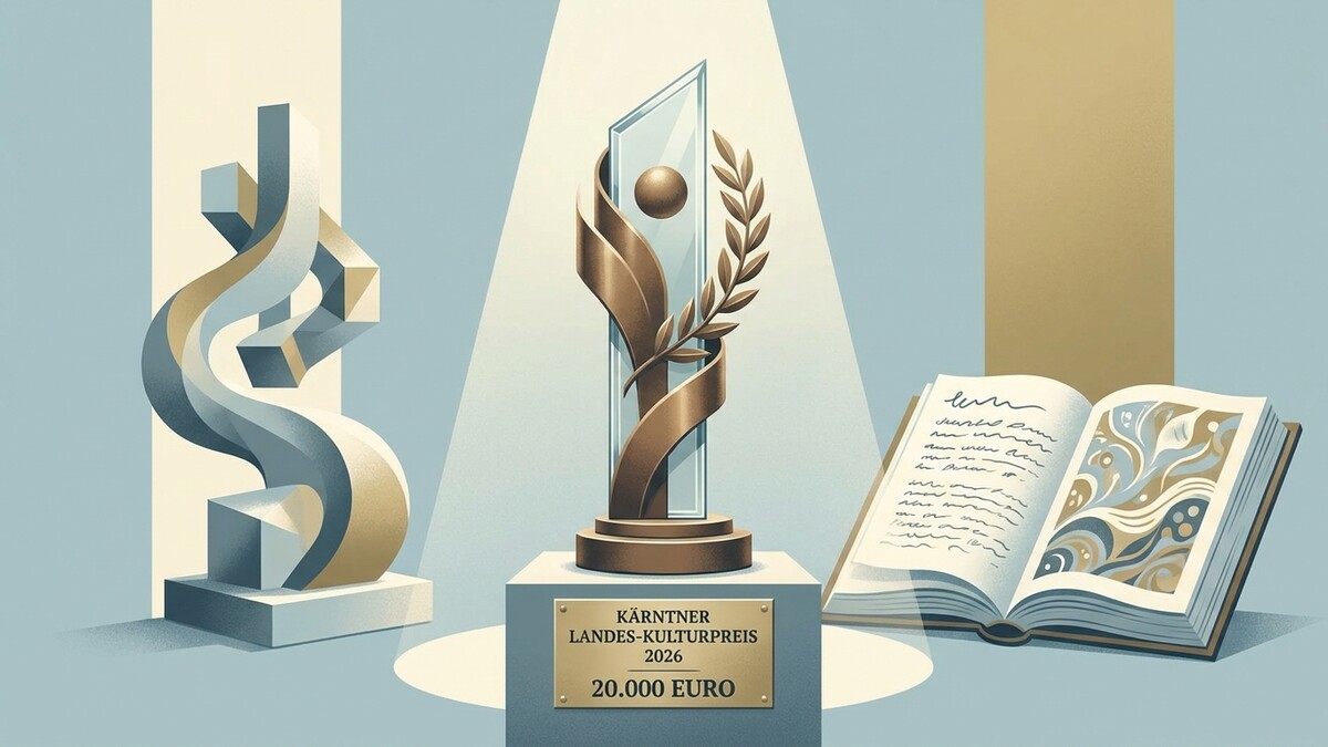 Kärntner Landes-Kulturpreis 2026 mit Trophäe, Skulptur und Buch vor hellblauem Hintergrund
