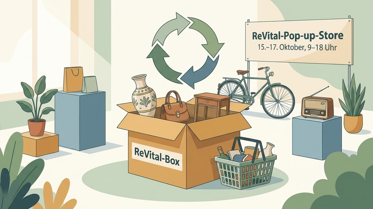 ReVital-Pop-up-Store mit Fahrrad, Radio, Vase und Einkaufskorb