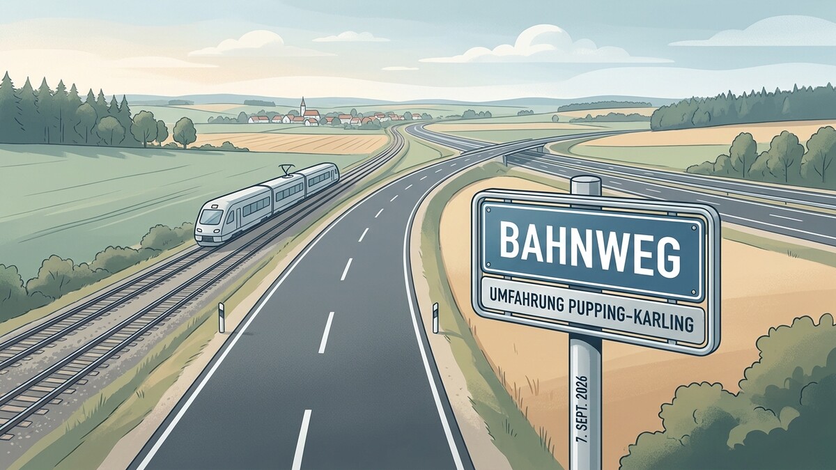 Bahnweg Umfahrung Pucking-Karling, ein Zug fährt auf den Gleisen neben einer Straße.