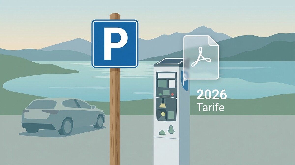 Parkautomat mit Schild und Auto vor Bergkulisse mit See