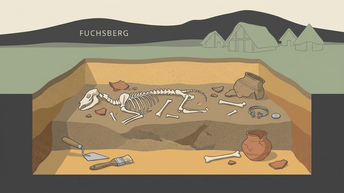 Fuchsberg: Ausgrabung eines Skeletts mit Keramik und Schmuck in Schichten