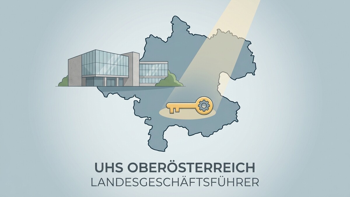 Oberösterreich: Gebäude, Schlüssel und Lichtstrahl auf Landkarte, UHS Oberösterreich Landesgeschäftsführer
