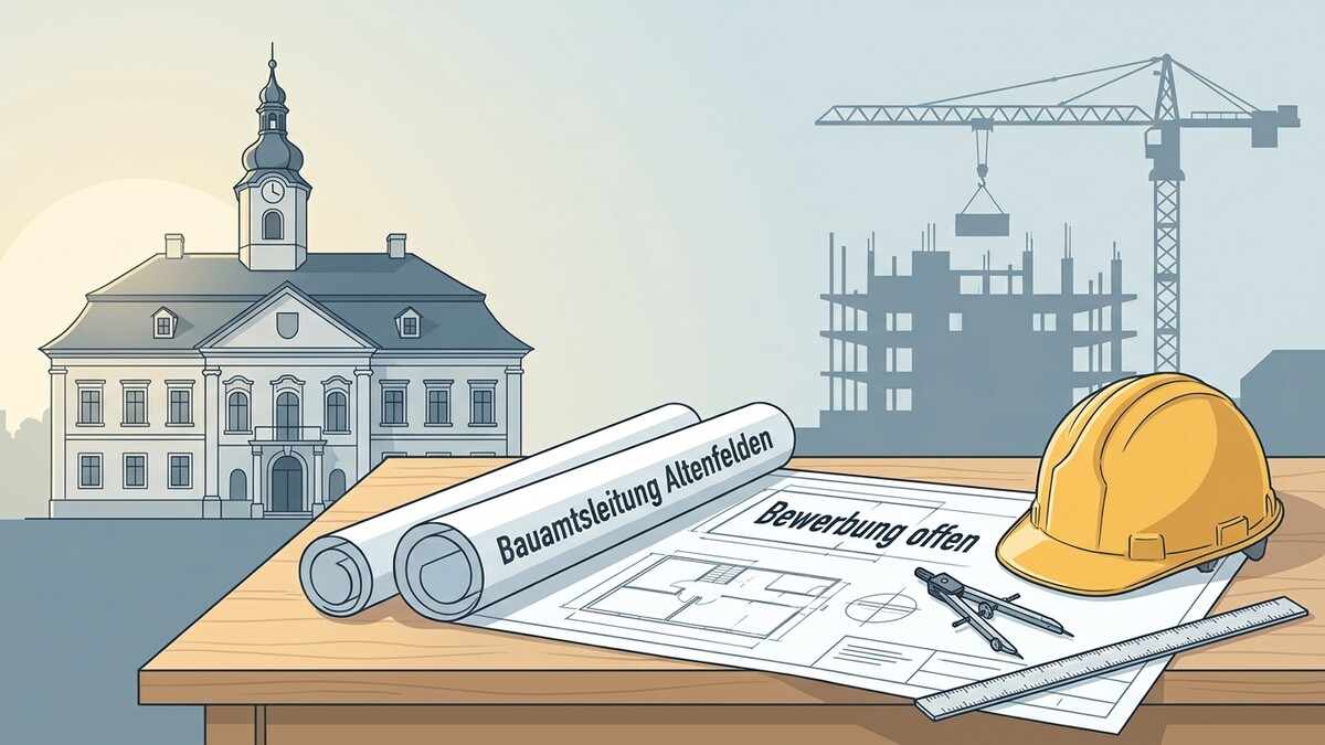 Bauamtsleitung Altenfelden: Baupläne, Helm und Kran auf Baustelle