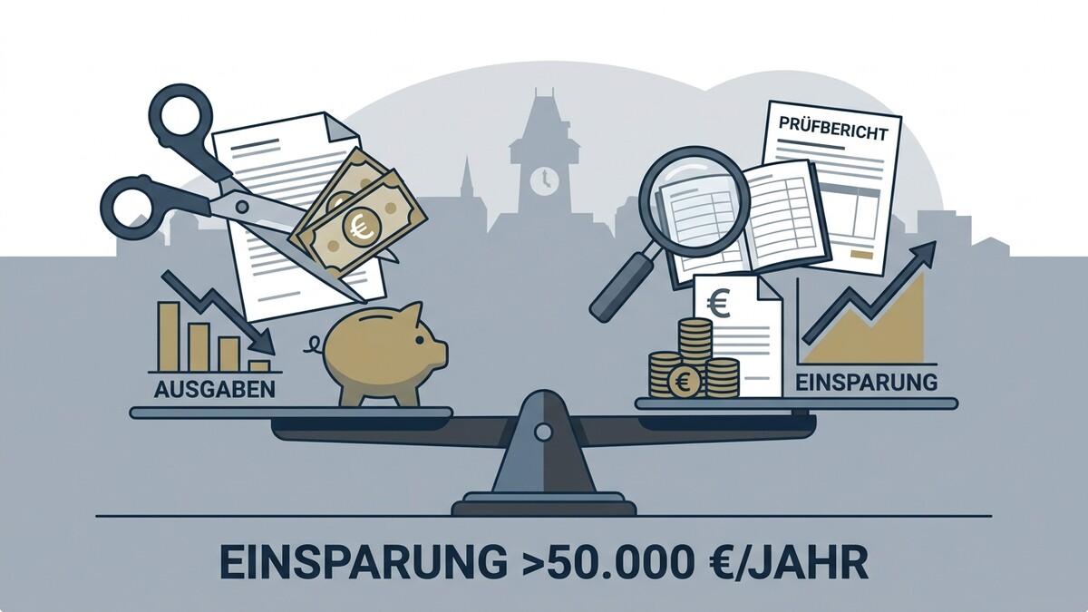 Sparschwein und Schere auf Waage mit Ausgaben und Einsparungen, Prüfbericht mit Lupe