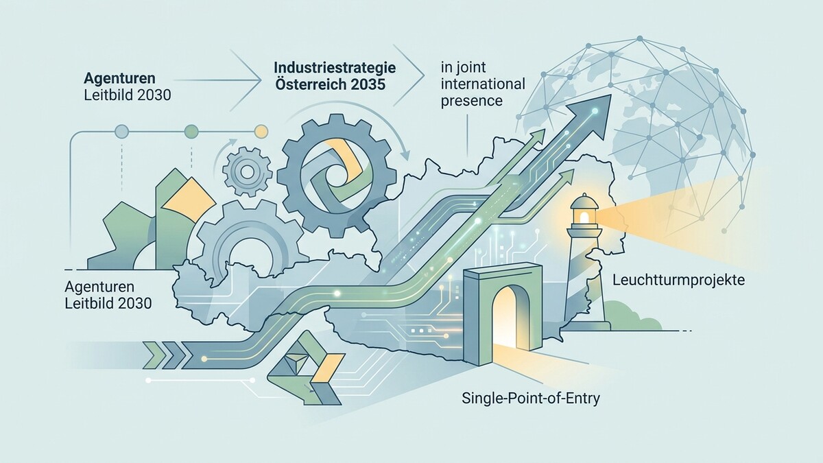 Industriestrategie Österreich 2035 mit Zahnrädern, Pfeilen und Leuchtturm