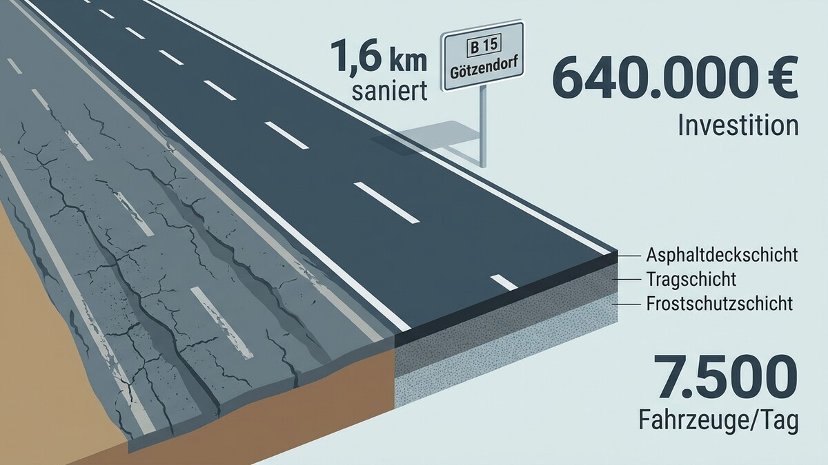 Straßensanierung B15 Götzendorf: 1,6 km, 640.000€ Investition, 7.500 Fahrzeuge/Tag