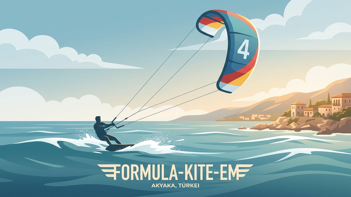 Kitesurfer am Meer vor Akyaka, Türkei, mit Bergkulisse und Häusern.