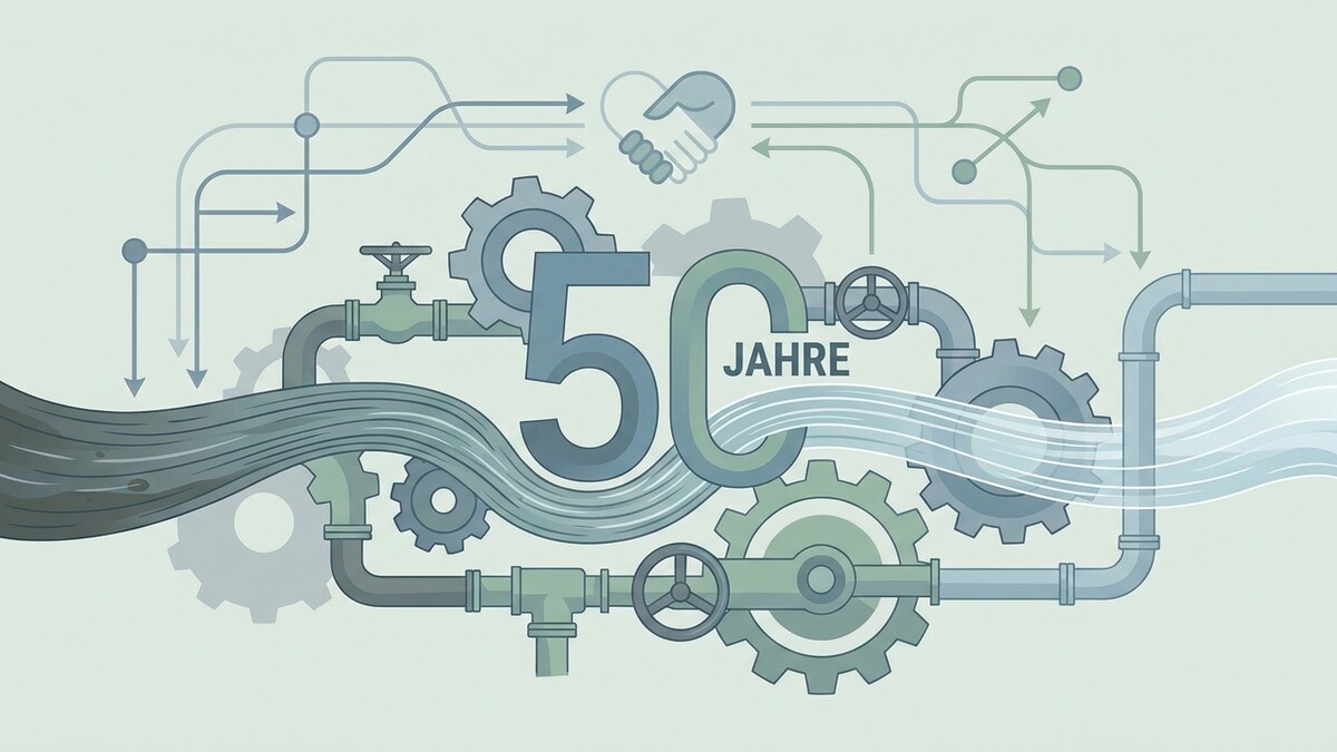 50 Jahre: Zahnräder, Rohre und Händedruck-Symbol im Netzwerk