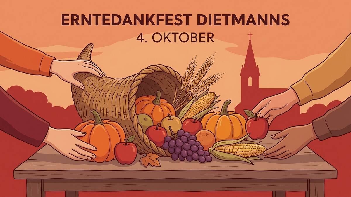 Erntedankfest Dietmanns: Füllhorn mit Früchten, Gemüse und Getreide vor Kirchturm-Silhouette