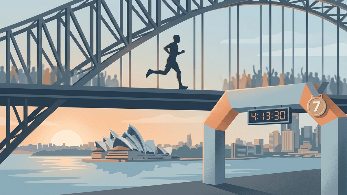 Läufer überquert Ziellinie mit Sydney Oper und Harbour Bridge im Hintergrund.