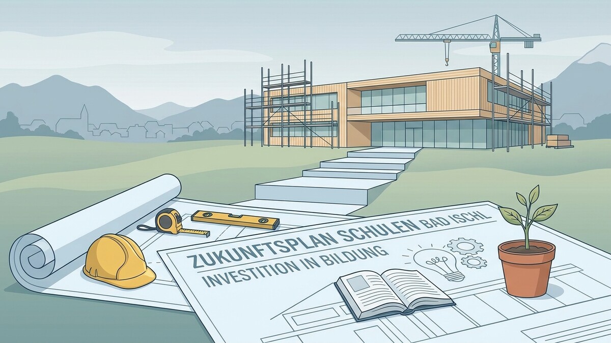 Zukunftsplan Schulen Bad Ischl: Baustelle mit Bauplänen, Helm und Pflanze