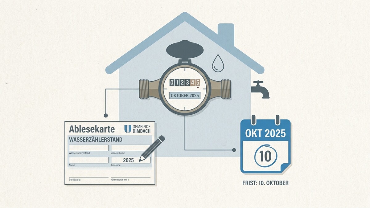 Wasserzählerablesung: Formular, Wasserzähler mit Oktober 2025, Kalenderblatt mit 10. Oktober und Frist.