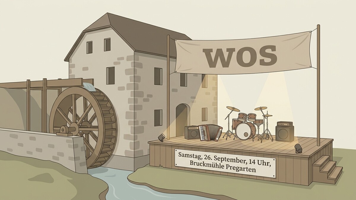 Bruckmühle Pregarten: Bühne mit Musikinstrumenten und Wasserrad vor historischem Gebäude